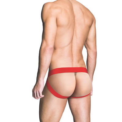 Rear view of a man wearing a red ass-less jockstrap with wide waistband and leg straps.