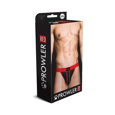 Packaging of Prowler Red ass-less jock featuring a red and black design on a male model, size XXL.