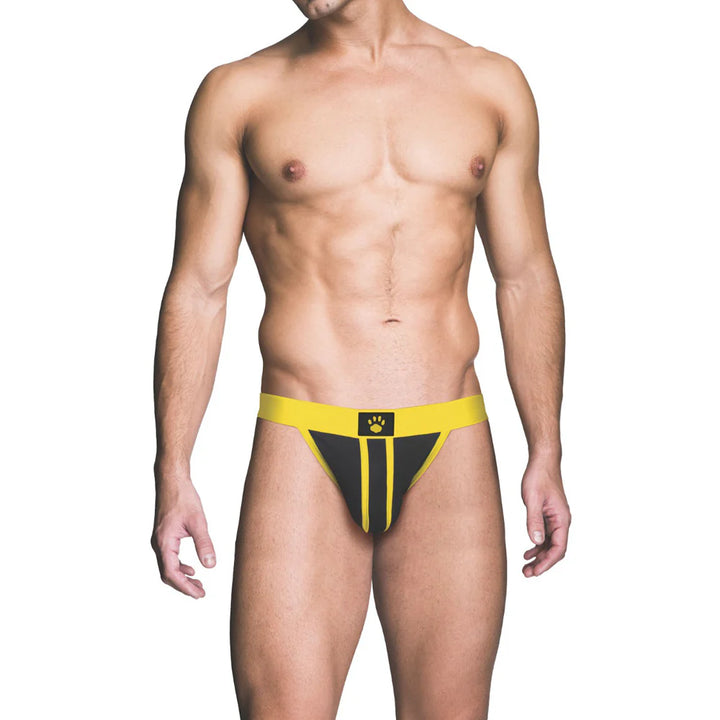 Male model wearing a yellow and black ass-less jockstrap with a paw print logo on the waistband.