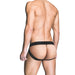 Rear view of a man wearing a black assless jockstrap with wide waistband and leg straps.