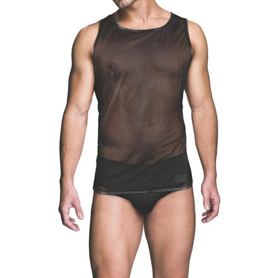 Male model wearing a black sheer mesh sleeveless vest and matching black briefs against a white background.