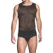 Male model wearing a black sheer mesh sleeveless vest and matching black briefs against a white background.