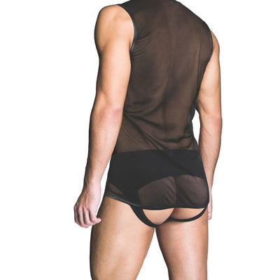Man wearing a black sheer mesh sleeveless vest and matching black jockstrap, shown from the back.