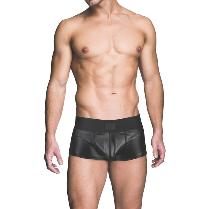 Male model wearing black wetlook assless trunk underwear with a smooth, shiny finish and wide waistband.