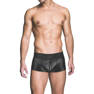 Male model wearing black wetlook assless trunk underwear with a smooth, shiny finish and wide waistband.