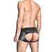 Male model wearing black wetlook assless trunks with a wide waistband, shown from the back on a white background.