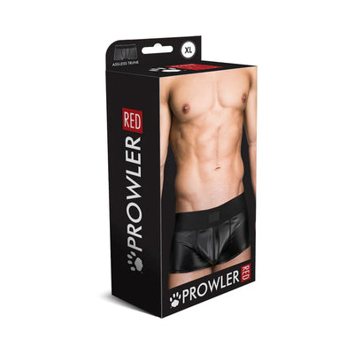 Packaging of Prowler Red Wetlook Assless Trunk featuring a male model wearing black wetlook trunks with a sleek finish.
