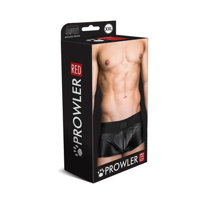Packaging of Prowler Red wetlook assless trunk in XXL size featuring a male model wearing black wetlook trunks.