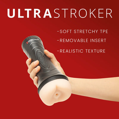 Hand holding Prowler Red Manhole Stroker with soft stretchy TPE and removable insert on red background.