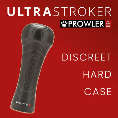 Black Prowler Red Ultra Stroker with discreet hard case on red background with product branding text.