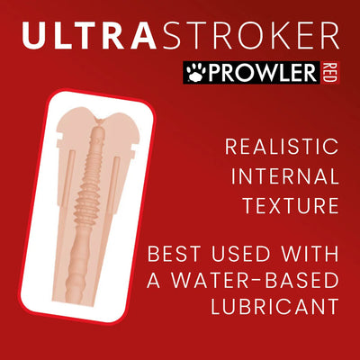 Cross-section illustration of Prowler Red Boy Pussy Stroker showing realistic internal texture on red background with usage text.