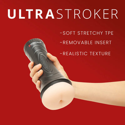 Hand holding Prowler Red Boy Pussy Stroker with soft stretchy TPE and removable insert against red background.