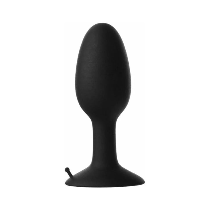 Black medium-sized weighted butt plug with a tapered shape and flared base for secure use.