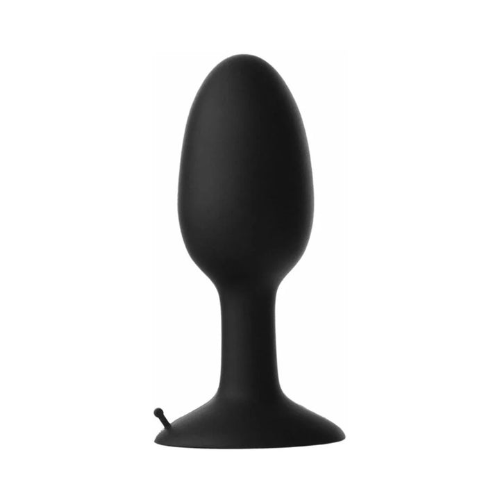 Black large weighted butt plug with tapered shape and flared base for secure fit and comfort.