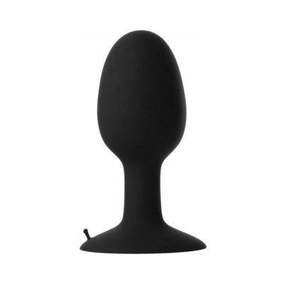 Black Prowler Xlarge weighted butt plug with a smooth, tapered shape and flared base.
