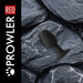 Black Prowler Xlarge weighted butt plug displayed on textured dark gray stone background.