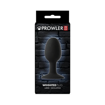 Prowler Xlarge weighted black butt plug in sleek packaging with brick wall background and product details.