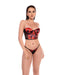 Strapless Mesh Bustier w/Lace Up Back & Thong 2 pc Set  - Black/Red S/M