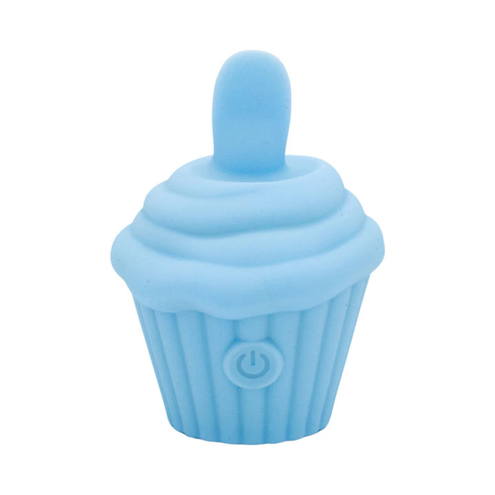 Blue silicone cupcake-shaped flicker stimulator with power button on front and soft tongue tip.