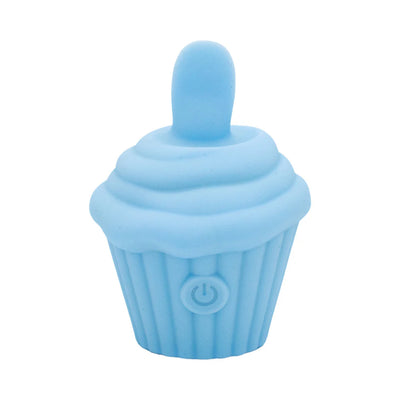 Blue silicone cupcake-shaped flicker stimulator with power button on front and soft tongue tip.
