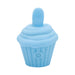 Blue silicone cupcake-shaped flicker stimulator with power button on front and soft tongue tip.