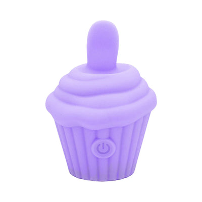 Lavender silicone cupcake-shaped flicker stimulator with power button and soft tip for targeted pleasure.
