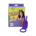 Purple silicone cock ring with dual-tip bullet vibrator shaped like rabbit ears next to colorful packaging featuring a woman in bunny ears.