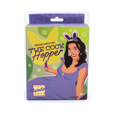Packaging of Natalie's Toy Box The Cock Hopper cock ring and bullet vibrator with colorful illustration of a woman in bunny ears and purple dress.