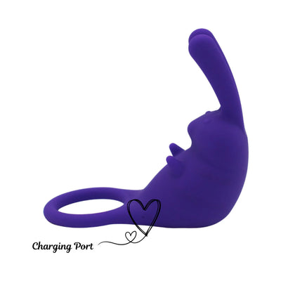 Purple silicone cock ring and bullet vibrator with rabbit ears and charging port detail shown on white background.