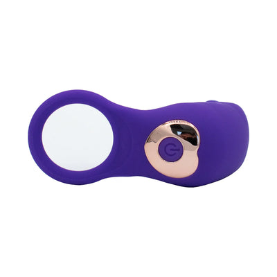 Purple silicone cock ring with rose gold power button and circular opening for intimate use.