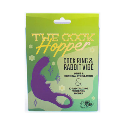 Packaging of The Cock Hopper cock ring and rabbit vibrator in green with product details and purple product illustration.