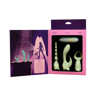 Natalie's Toy Box Pleasure Hunter 3 Pc Kit in mint with three silicone attachments and a remote in a pink and purple box.