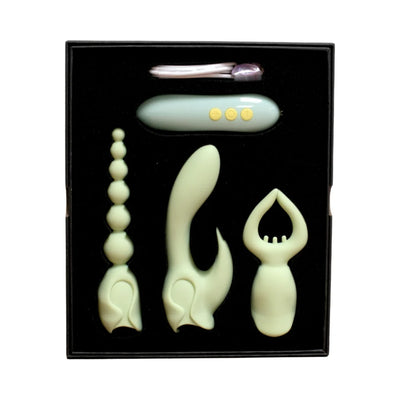 Mint green Pleasure Hunter 3-piece silicone kit with remote and three versatile attachments in black box.