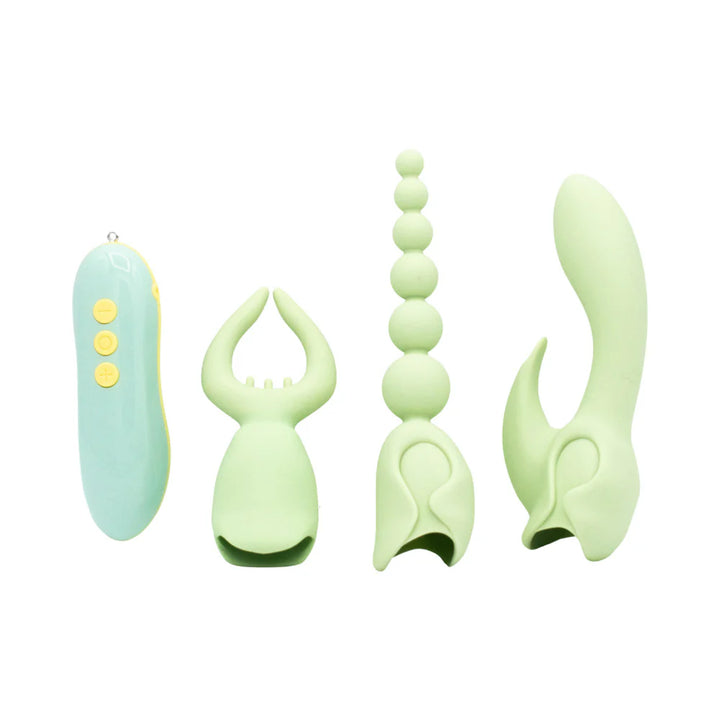 Mint green silicone Pleasure Hunter 3-piece attachment kit with a blue and yellow remote control on white background.