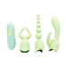 Mint green silicone Pleasure Hunter 3-piece attachment kit with a blue and yellow remote control on white background.