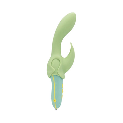Mint green silicone dual-stimulation vibrator with curved shaft and ergonomic handle with yellow buttons.