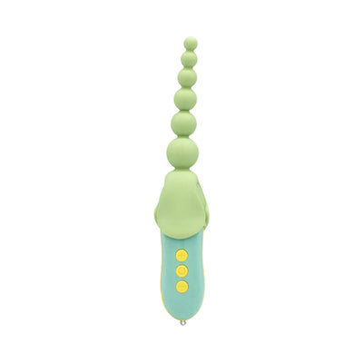 Mint green and blue silicone pleasure toy with beaded tip and three yellow control buttons on handle.