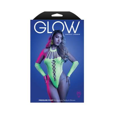 Fantasy Lingerie Glow Pressure Point UV Reactive Rhinestone Teddy & Gloves