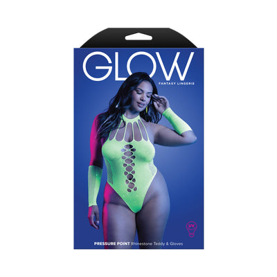 Fantasy Lingerie Glow Pressure Point UV Reactive Rhinestone Teddy & Gloves