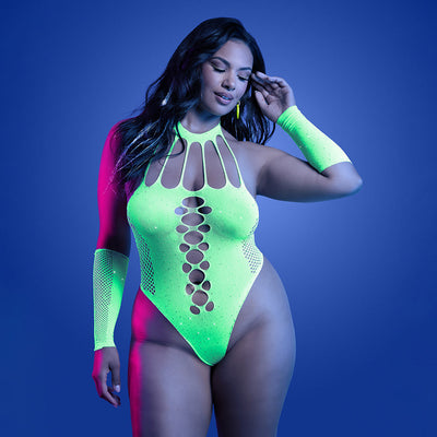 Fantasy Lingerie Glow Pressure Point UV Reactive Rhinestone Teddy & Gloves