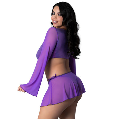 Magic Silk Glimmer LS Crop Top, Mini Skirt & Tie Side Thong Purple Disco