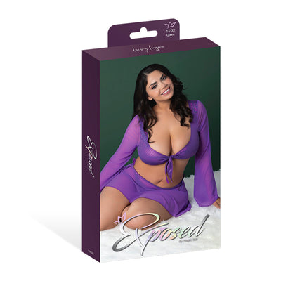 Magic Silk Glimmer LS Crop Top, Mini Skirt & Tie Side Thong Purple Disco