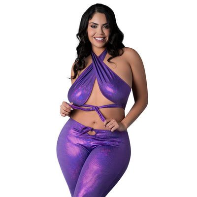 Magic Silk Glimmer Wrap Halter & Flair Pant Set Purple Disco