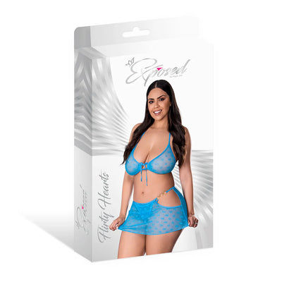 Magic Silk Flirty Hearts Halter Bra, Flutter Skirt & G-String Set Blue Sugar