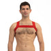 Man wearing a red Prowler sports harness with wide straps across chest and shoulders against a white background.