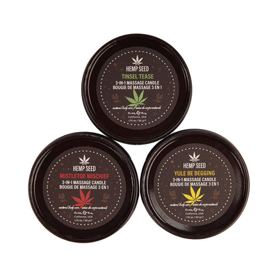 Earthly Body Hemp Seed 3-in-1 Massage Candle Holiday Trio: Mistletoe Mischief Tinsel Tease Yule Be Begging