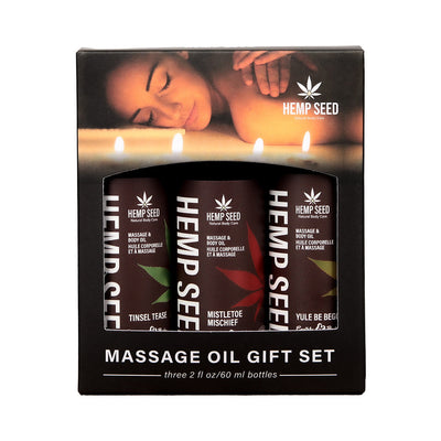 Earthly Body Hemp Seed Holiday Massage Oil Trio Gift Set: Mistletoe Mischief Tinsel Tease Yule Be Begging