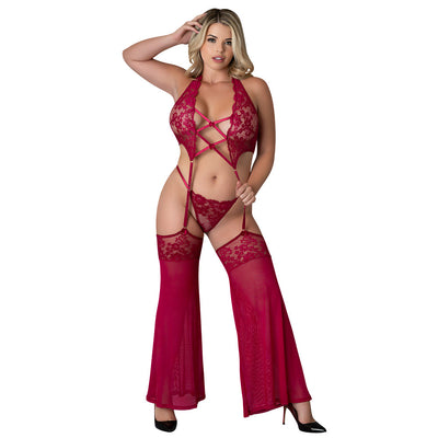 Magic Silk Black Cherry Plunge Top with Removable Chaps & Cheeky Panty Cherry