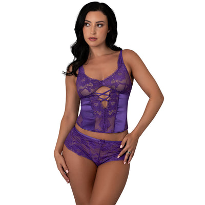 Magic Silk Satin Petals Bustier & Boy Short Set Purple
