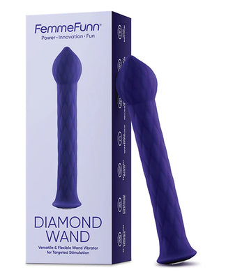 Purple textured flexible wand vibrator with pointed tip next to its Femme Funn Diamond Wand packaging box.